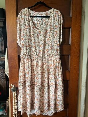 Derek Lam Cream Floral Midi Dress with Muted Orange and Green Print